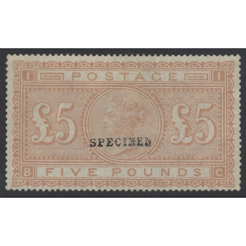 344 - GB. 1867-83 Hi vals range with “SPECIMEN” ovpts incl 5/- pl.1 type 6, 5/- pl.2 type 9, 10/- wmk MC o... 