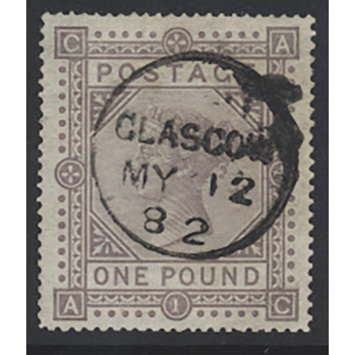 352 - 1867-83 wmk MC £1 brown-lilac FU with 'GLASGOW' cds, reperfed at base but still most attractive. (SG... 