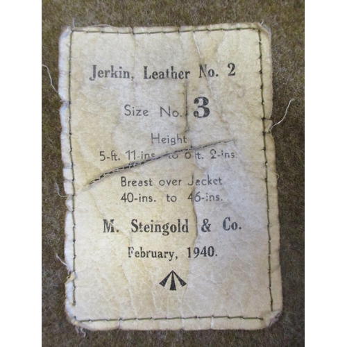 115 - British Army No 2 leather jerkins with 1940 (Feb) size 3 by M. Steingold & Co, 1941 (17 May) size 2 ... 