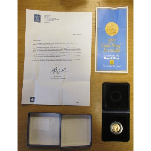 356 - Investment Gold lot - documents required. 1979 sovereign boxed proof FDC. (Y)