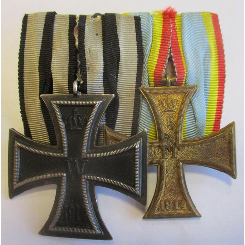 97 - 1914 Iron Cross 2nd Class and Mecklenburg 1914 Military Merit Cross on a modern German mounting bar,... 