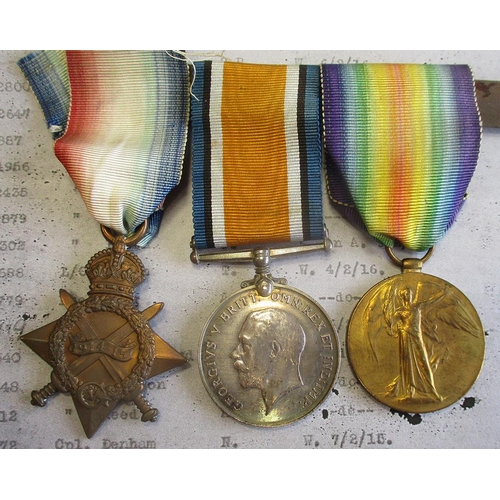 15 - WW1 range with:
1. 1914-15 Star trio to 1472 Cpl N. Denham Durh L.I. He was wounded serving with 6th... 