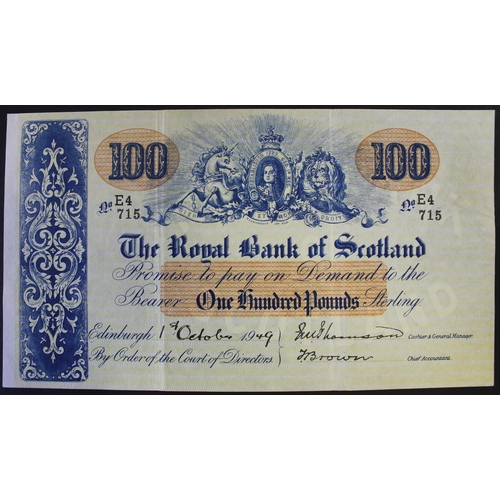 181 - Scotland. Royal Bank of Scotland £100 1949 (1 Oct) E4/715 near extremely fine. (See photo) (BNYB SC8... 