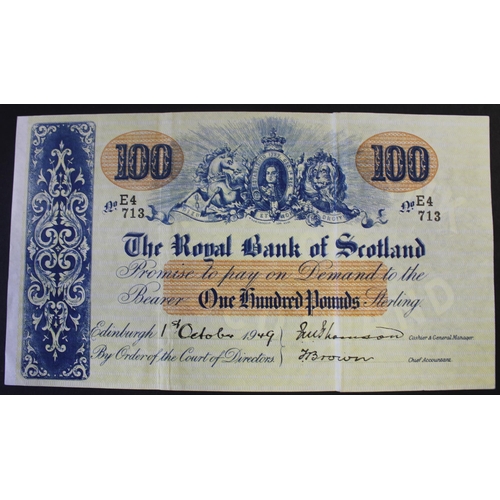 182 - Scotland. Royal Bank of Scotland £100 1949 (1 Oct) E4/713 near extremely fine. (See photo) (BNYB SC8... 