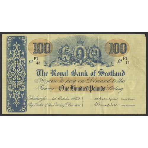 183 - Scotland. Royal Bank of Scotland £100 1960 (1 Oct) F1/43 very fine. (See photo) (BNYB SC812c) (R)