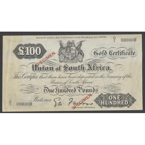 185 - S. Africa. Union of South Africa - Treasury Pretoria 1920 Gold Certificate £100 C/1 000000, overprin... 