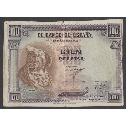 186 - Spain. Banco de Espana, 1938 (11 Mar) 100 pesetas, Dame of Elche, fair. (Krause 90) (See photo) (N)