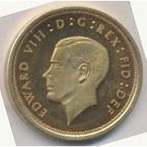 307 - 1936 Pattern 9ct gold proof sovereign FDC, smooth edge, weighs 6.1g. (Y)