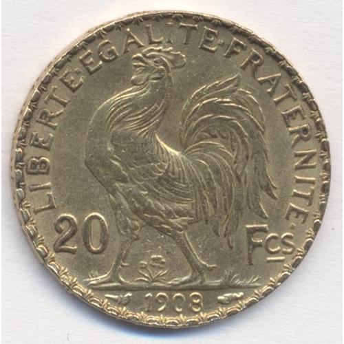 411 - Investment Gold lot - documents required. France. 1908 20 francs very fine. (See photo) (Y)