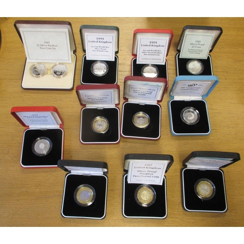 462 - Collection of £2 silver boxed proofs FDC with 1989, 1995 both, 1997, 1998, piedfort 1989 twin set, 1... 