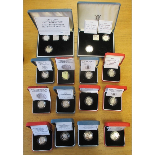 465 - Collection of £1 silver boxed proofs FDC with 1983 (2), 1987, 1988, 1990, 1993, 1995 and 1998 in 4 c... 