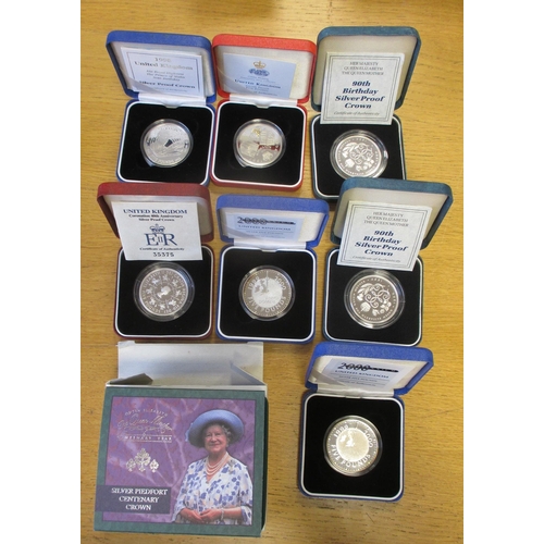 470 - Collection of £5 silver boxed proofs FDC with 1990 (2), 1993, 1997, 1998, 1999 Millennium (2) and 
p... 