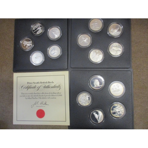 478 - Peter Scott's British Birds sterling silver proof set of 35 medals FDC, each 50mm diameter and appro... 