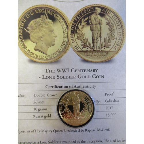 535 - Gibraltar. 2014/17 WW1 Centenary proof set FDC with 2017 9ct gold double crown (10g), silver crown a... 