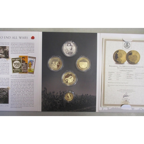 535 - Gibraltar. 2014/17 WW1 Centenary proof set FDC with 2017 9ct gold double crown (10g), silver crown a... 