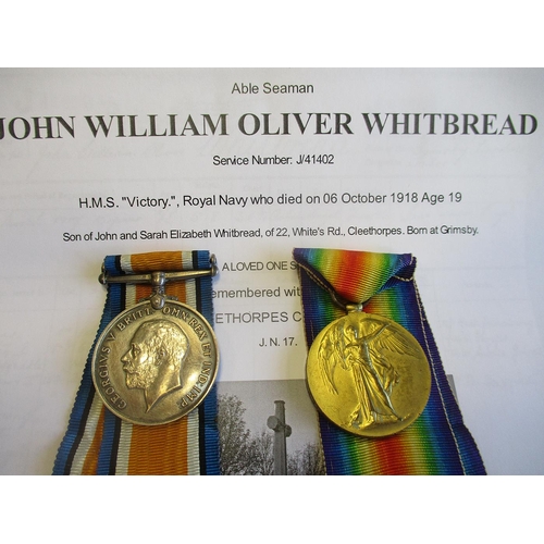 73 - WW1 BWM, Victory Medal and Memorial Plaque to J.41402 J.W.O. Whitbread A.B. R.N. (John William Olive... 