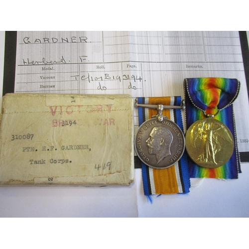 81 - Gardner brothers medals with:
1. WW1 BWM and Victory Medal to 310087 Pte H.F. Gardner Tank Corps ext... 