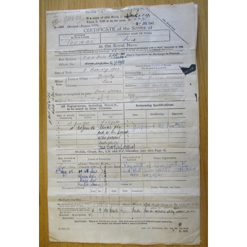 83 - HMS Edinburgh survivor's documents relating to SFX/1095 Frank Toombs Fleet Air Arm with Certificate ... 