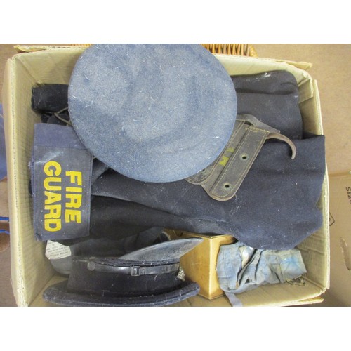 124 - Mixed accumulation in 3 larger boxes including WW2 BWM (6), gas masks, webbing, gaiters, badges incl... 