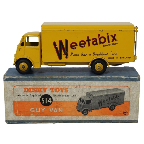 509 - Dinky. Guy Van 'Weetabix' No. 514, yellow body and ridged hubs, spare wheel, good plus in good plus ... 