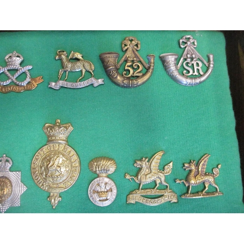 102 - Collection of cap badges with odd arm badge etc mounted on foam board in large wooden frame (91cm x ... 