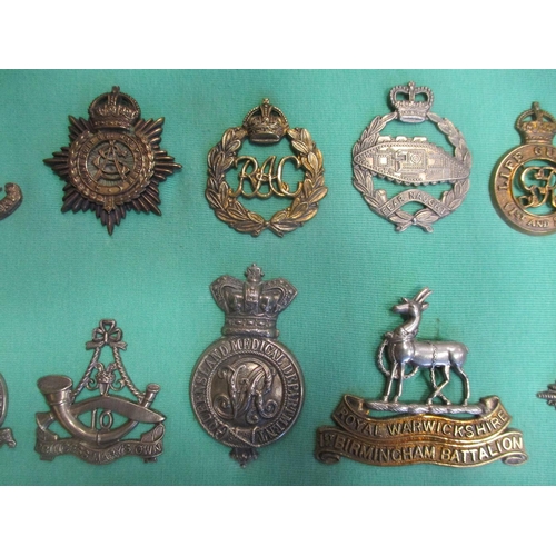 103 - Collection of cap badges with odd arm badge etc mounted on foam board in large wooden frame (91cm x ... 