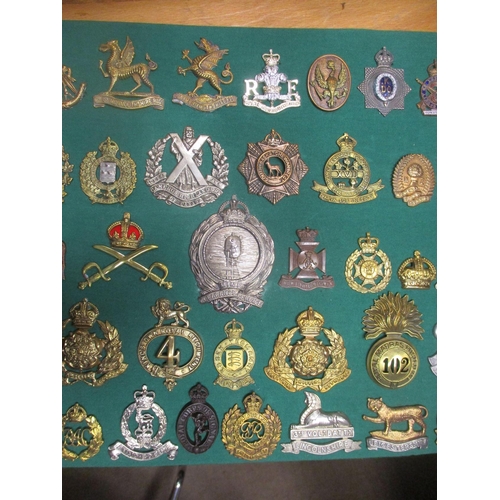 104 - Collection mounted on 2 boards of mostly cap badges, also few arm badges etc including QV Connaught ... 