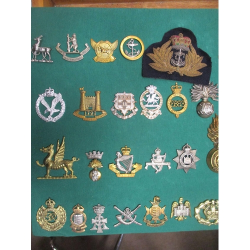 104 - Collection mounted on 2 boards of mostly cap badges, also few arm badges etc including QV Connaught ... 