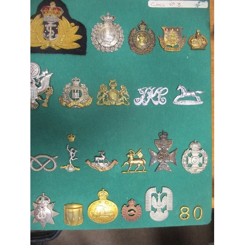 104 - Collection mounted on 2 boards of mostly cap badges, also few arm badges etc including QV Connaught ... 