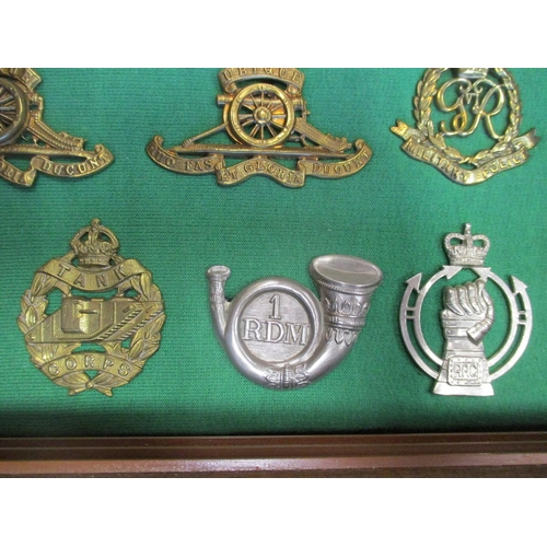 105 - Collection of cap badges with odd arm badge etc mounted on foam board in large wooden frame (91cm x ... 