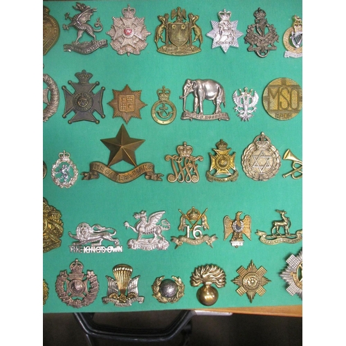 110 - Collection mounted on board of mostly cap badges including QV Engineer Volunteers, KRRC, KC 8th Bn L... 