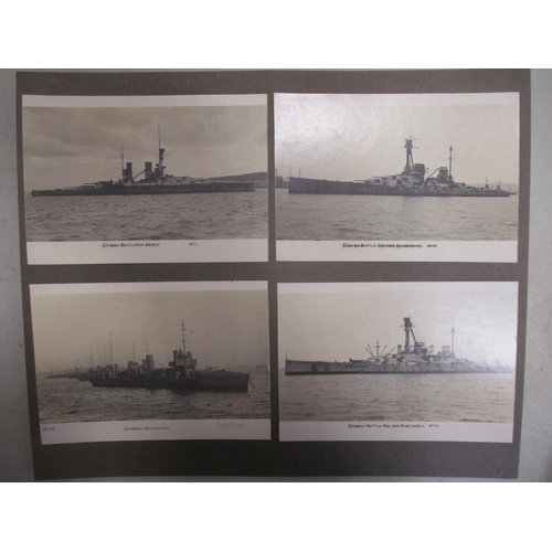 124 - Collection of photos/postcards stuck on card pages, some singly, some in 4 to a page, mainly WW1 era... 