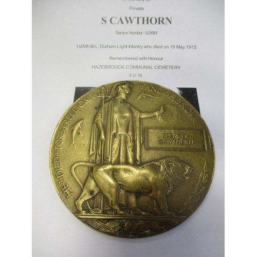 52 - WW1 Memorial Plaques to:
1. Spencer Cawthorn very fine. A unique name on CWGC, he died of wounds ser... 