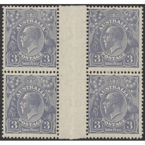 166 - Australia. 1926-30 P.13½ x 12½ 3d dull ultramarine, Die I, wmk inv UM gutter block of 4, toned gum a... 