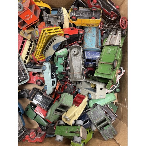 378A - Collection of early unboxed die cast with Corgi, Matchbox, Dinky etc generally good in fruit tray, m... 