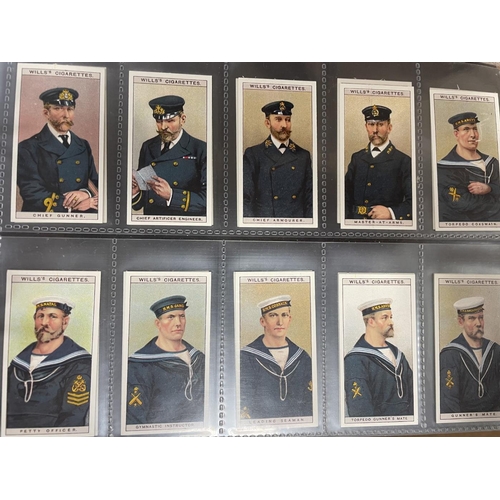 25 - Collection in album with complete sets including Wills Naval Dress and Badges, Hignett Greeting of T... 