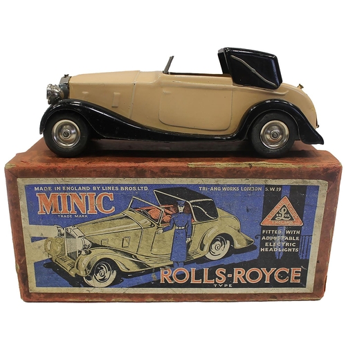 278 - Tri-ang Minic. Scarce, Rolls Royce Sedanca No. 50ME, clockwork (without key), cream body, black hood... 