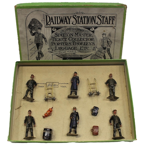 294 - Britains. Railway Station Staff (1908 version) set No. 155, with figures (6), luggage (4), trolleys ... 