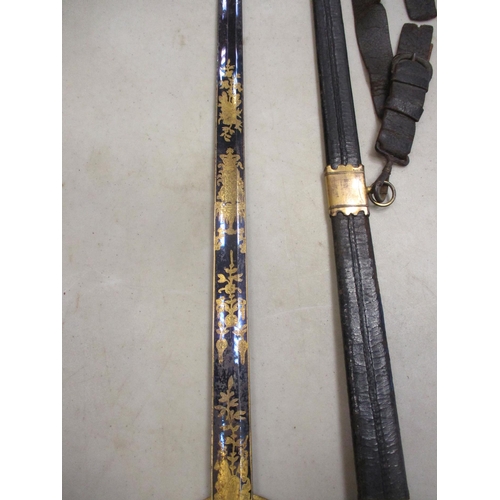 101 - 1796 Pattern Infantry Officer's sword and leather scabbard, 70% blade ornately decorated and retaini... 