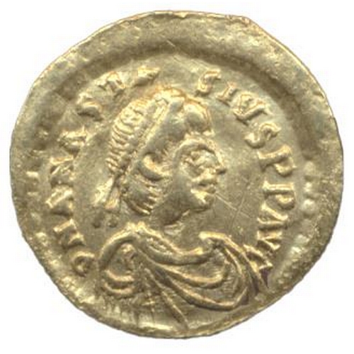 182 - Byzantine Empire. Anastasius I (491-518) gold tremissis. obverse diademed, draped and cuirassed bust... 