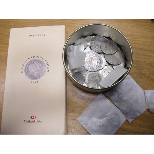 256 - Heavy accumulation in tins, bottle and loose, including 1891 crown, half crowns to silver threepence... 