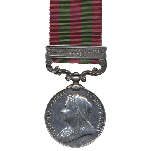 29 - 1895 India Medal Relief of Chitral 1895 clasp to 3111 Pte W. Parkinson 1st Bn E. Lanc Regt edge brui... 