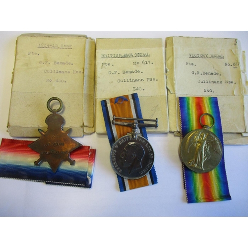 52 - WW1 range with:
1. 1914-15 Star trio to Pte G.F. Cullinans Hse extremely fine with 3 boxes of issue.... 