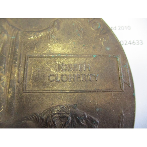 67 - 1914-15 Star trio & Memorial Plaque to 1058 Pte J.  Cloherty S. Lan R. (Joseph Cloherty on plaque) v... 