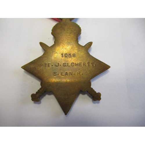 67 - 1914-15 Star trio & Memorial Plaque to 1058 Pte J.  Cloherty S. Lan R. (Joseph Cloherty on plaque) v... 