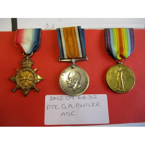 71 - 1914-15 Star trios to:
1. DM2-096632 Pte G.A. Butler A.S.C. good very fine. With copied MIC, landed ... 