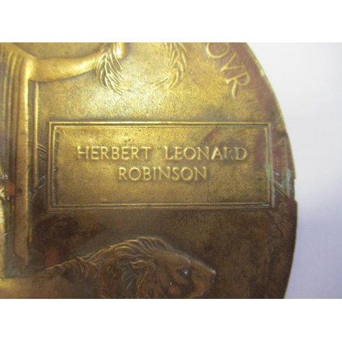 74 - WW1 Memorial Plaque to Herbert Leonard Robinson, it has possibly been in a mount, slight damage to e... 