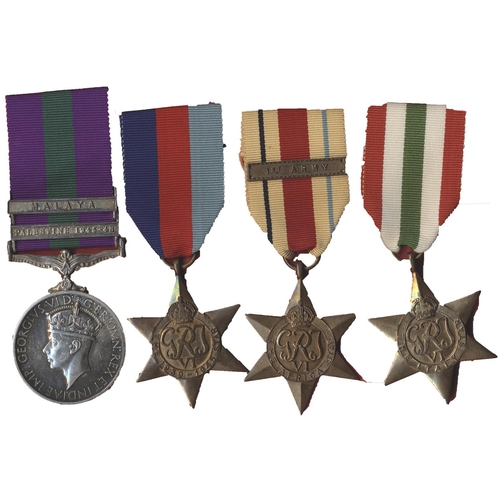 76 - 1939-1945, Africa (1st Army bar), Italy Stars, Defence Medal, BWM, 1923 GSM 2 clasps Palestine 1945-... 