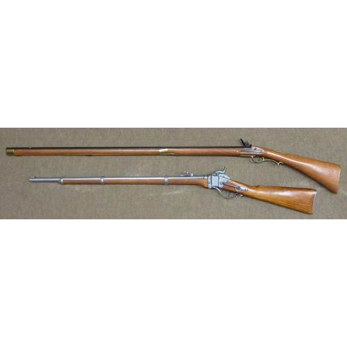 97 - Denix. Reproduction firearms with:
1. Percussion cap breach loading rifle, overall length 123cm.
2. ... 