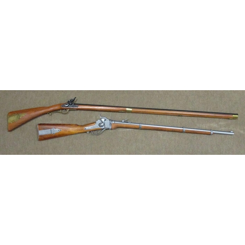 97 - Denix. Reproduction firearms with:
1. Percussion cap breach loading rifle, overall length 123cm.
2. ... 